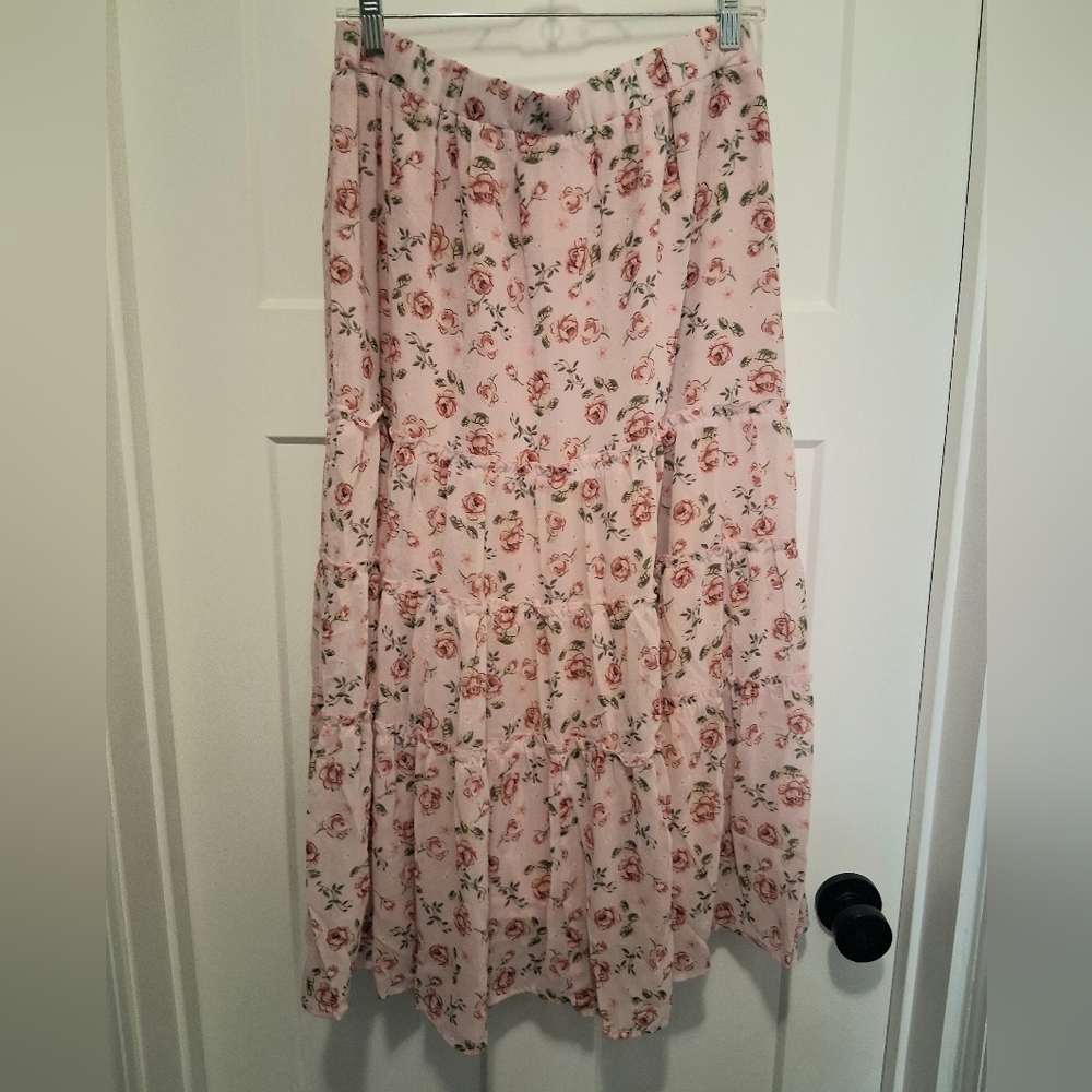 Floral Pink Tiered Prairie Skirt Size L
